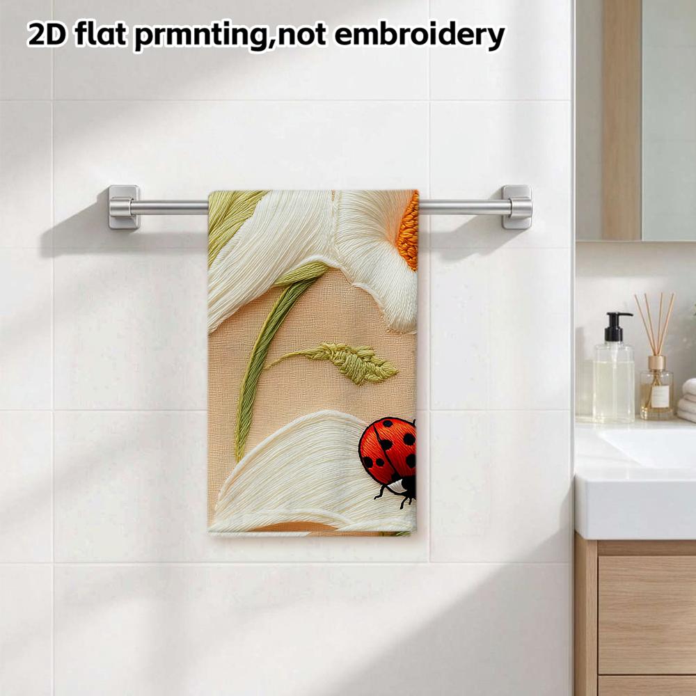 Peach Base White Calla Lily Ladybug Embroidery Bath Towel, Soft Absorbent Decor Bathroom Hand Towel
