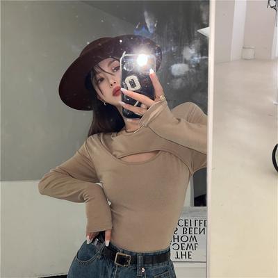 Hollow Long-sleeved T-shirt Women's Autumn New Hot Girl Sexy Slim Design Base Shirt Student Top