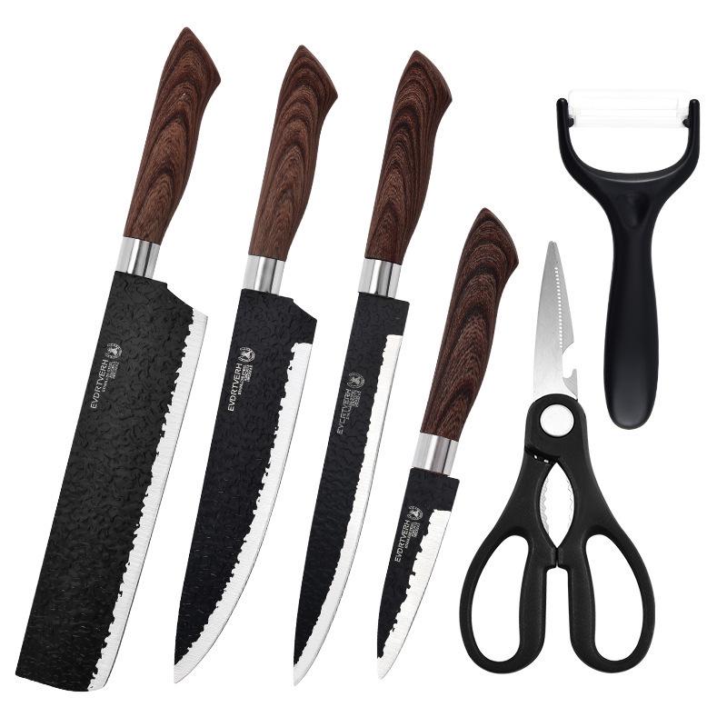 Hammered Stainless Steel Forged Cutlery Set with Sheathed Handles, Six Pieces