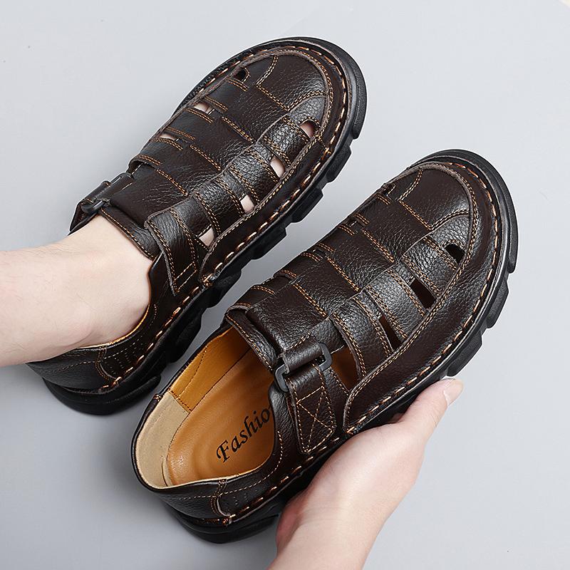 Roman Hollow Sandals Men Shoe Retro Round Toe Layer Cowhide Baotou Summer New Breathable New Personality Street Leather Sandals