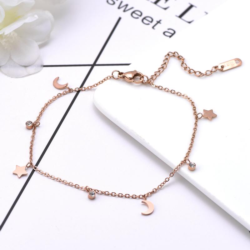 Korean 18K Rose Gold Star & Moon Titanium Steel Anklet with Diamonds - Unique Women's Forest Style, Non-Fading.