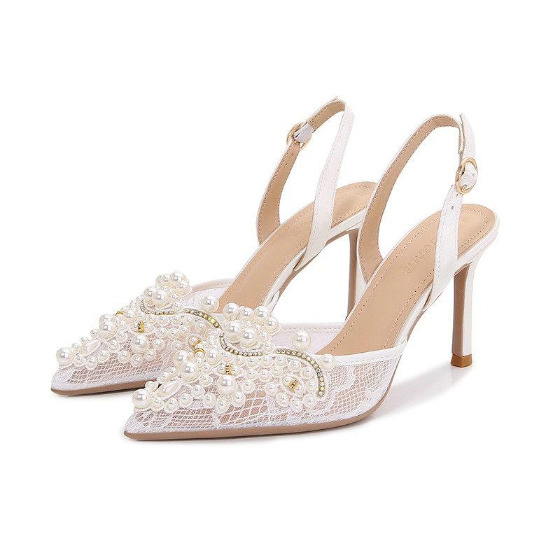 French Wedding Shoes Bride Shoes Main Wedding Pearl Single Shoes Niche After Empty High Heels Female Stiletto Hollow Head Sandal