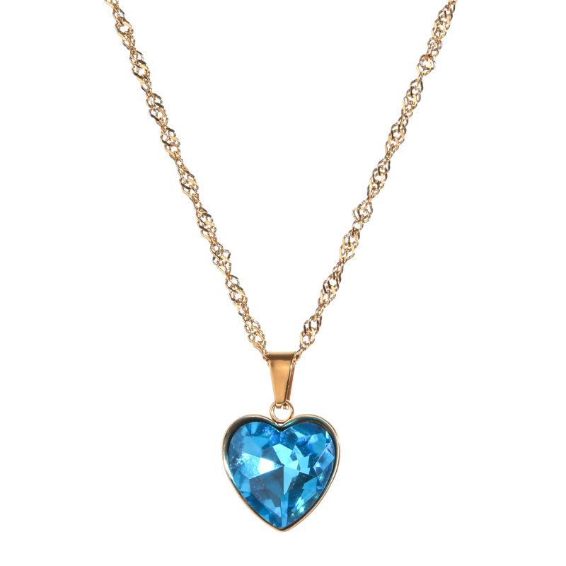 Exquisite Funkelndes Herz Anhänger Schlüsselbein Kette Halskette - Edelstahl, Street Style Süß Cool Pfirsich Herz Design. pfau blau