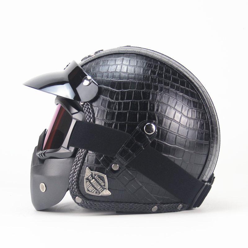 PU Leather Helmet 3/4 Motorcycle Chopper Bicycle Helmet Exposed Vintage Motorcycle Helmet & Goggles Mask Half Face Helmet