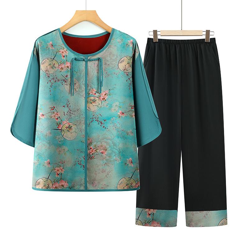 Chinese Style Summer Two-Piece Set for Middle-Aged and Elderly Women – Shirt and Pants Suit