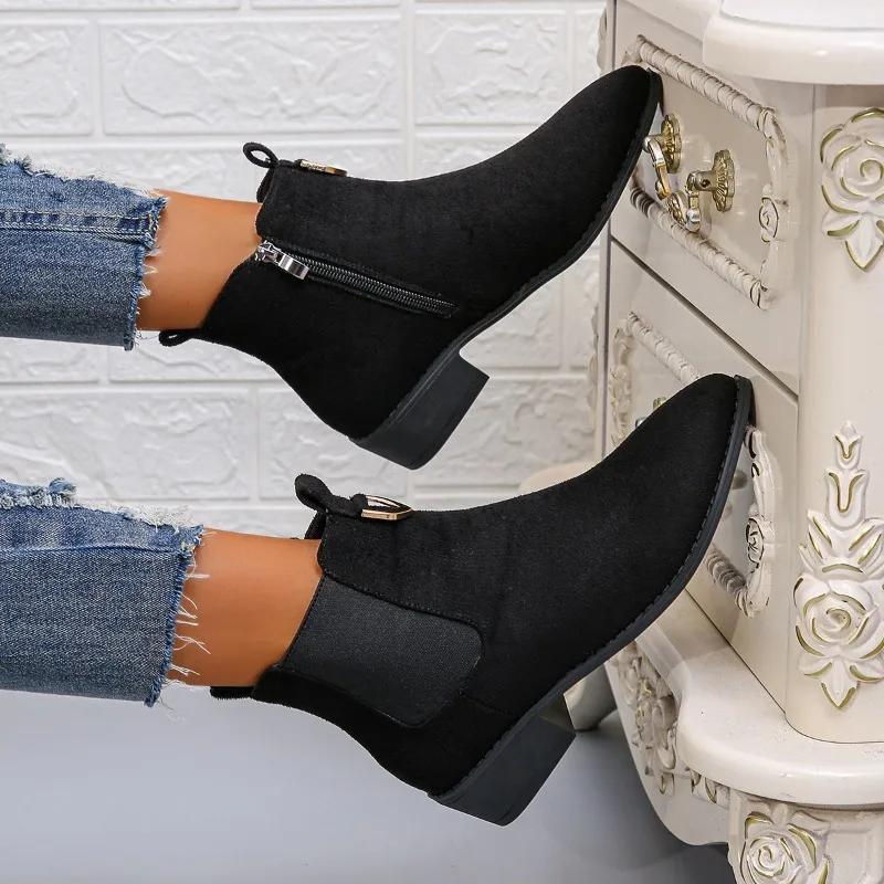 2024 New Shoes Female Side Zip Women's Boots Winter Suede Solid Short Barrel Low Heels Large Size Naked Boots Zapatos De Mujer