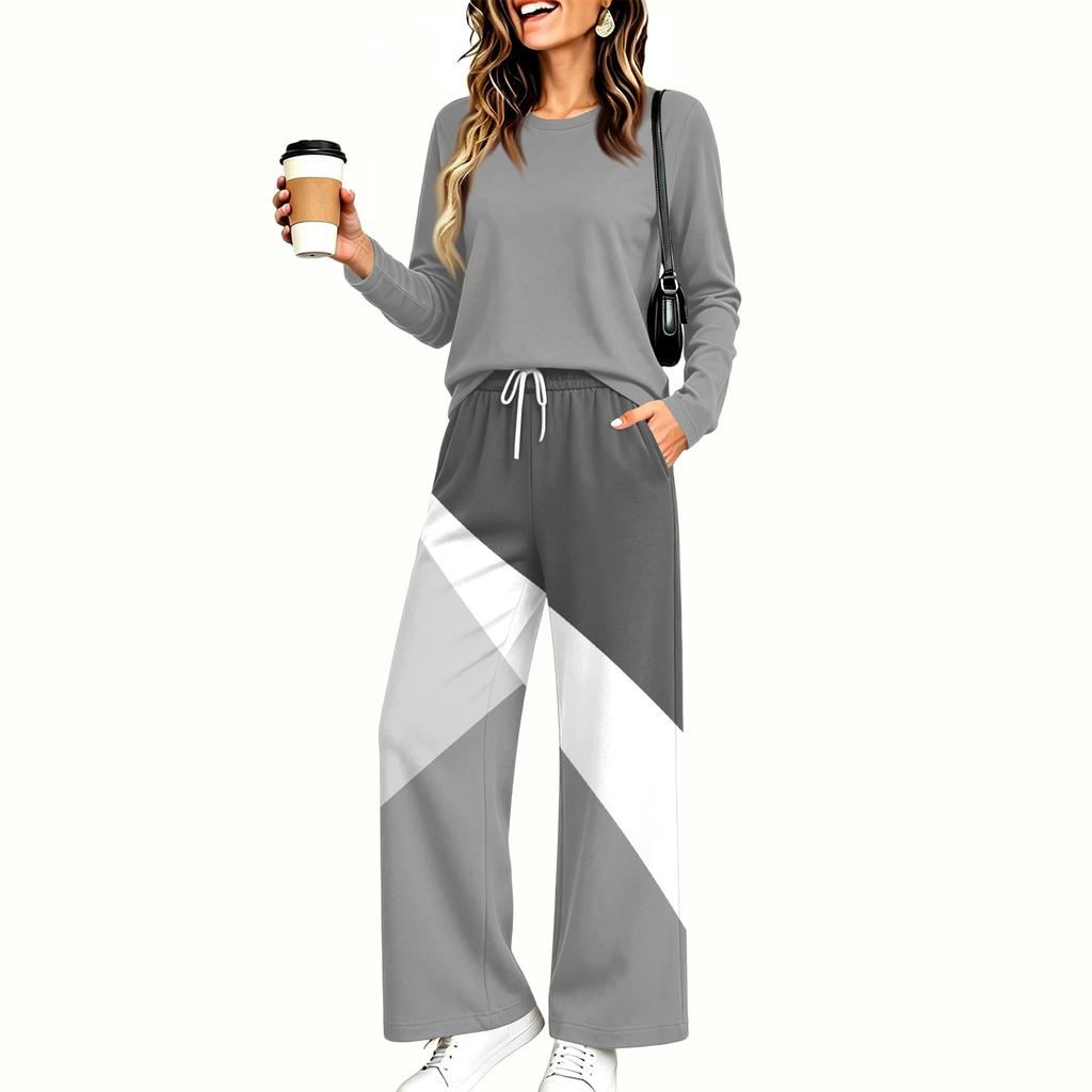 Women's Pajama Set with Pockets, Round Neck Long Sleeve Loose Fit Printed Casual Loungewear for Sleeping At Home