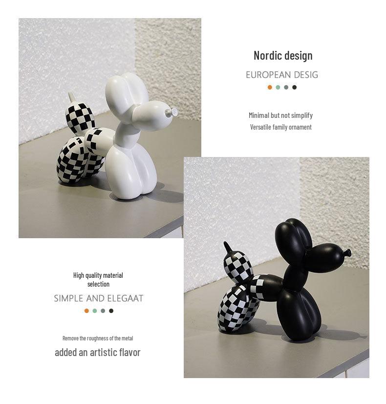 Szachownica Czarno-Biały Ozdoba Piesek z Balonu: Dekoracje Domowe z Żywicy do Salonu i Przedpokoju