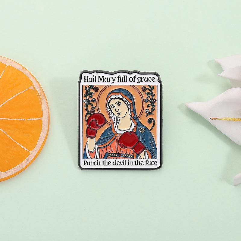 Hail Mary Full of Grace Punch the Devil In the Face Enamel Pin Virgin Mary Donning Boxing Gloves Catholic Badge Jewelry Gifts