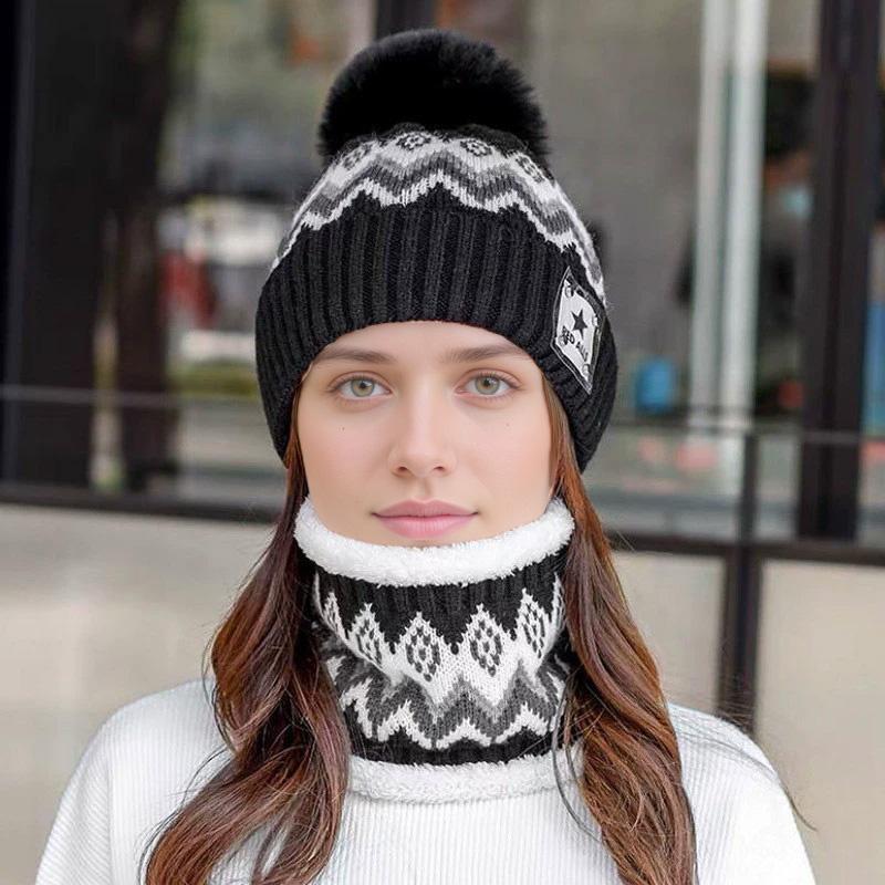 2PCS Beanies Cycling Windproof Hat Scarf Set Outdoor Plush Velvet Winter Ear Protection Neck Warmer Women