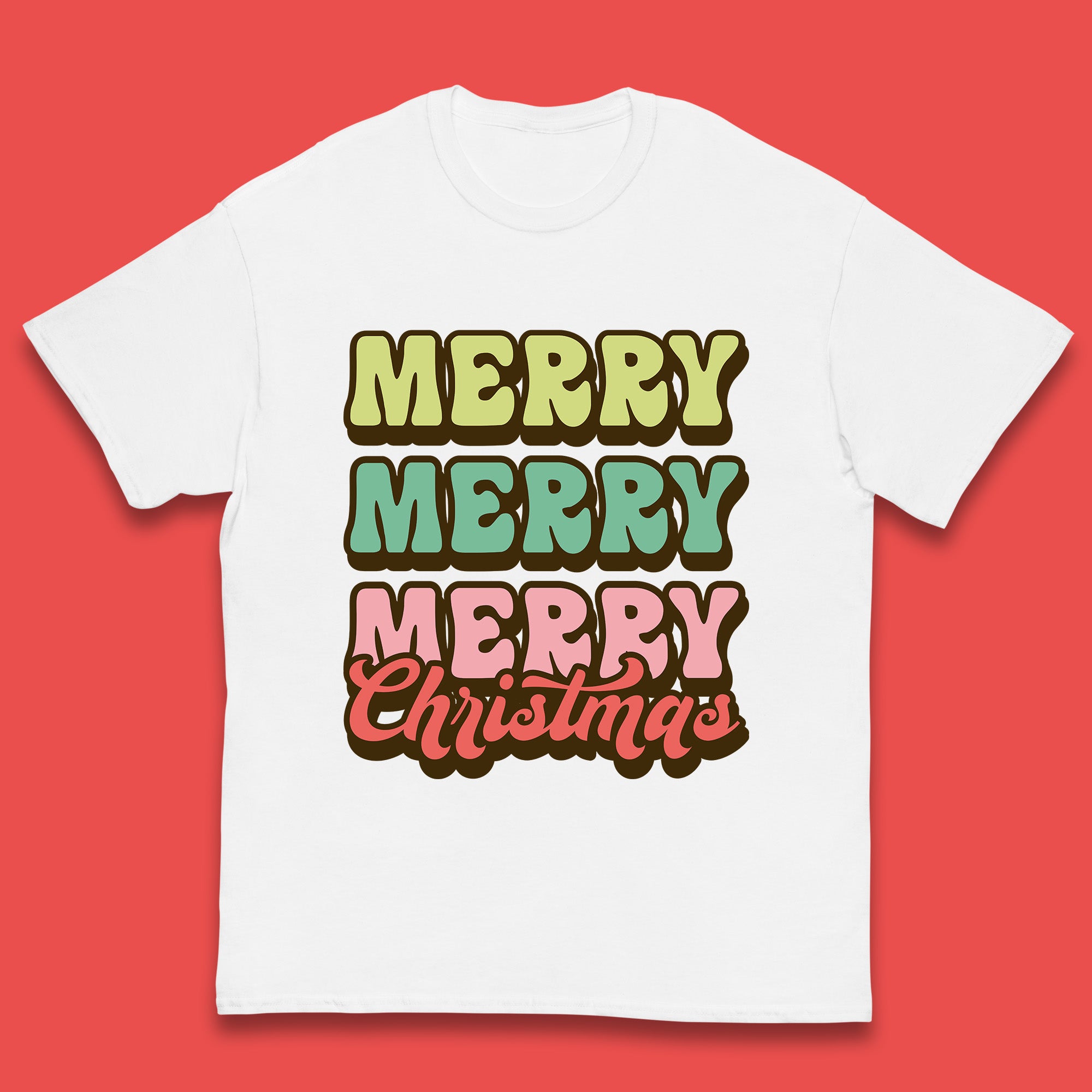 Merry Merry Merry Christmas Kids T Shirt Retro Groovy Style Top 120
