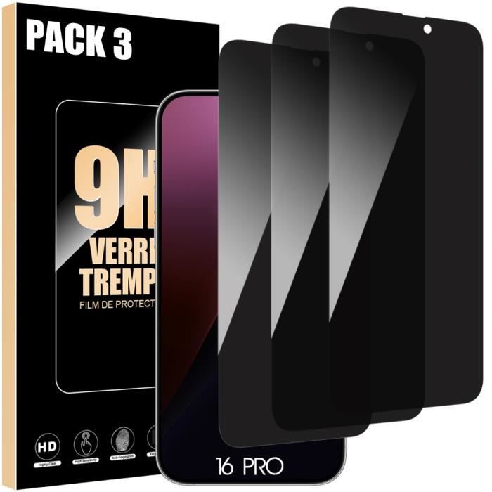 Protecteur d'écran - Verre Trempé - pour iPhone 16 Pro - Lot de 3 - Anti-espion - Résistant aux rayures
