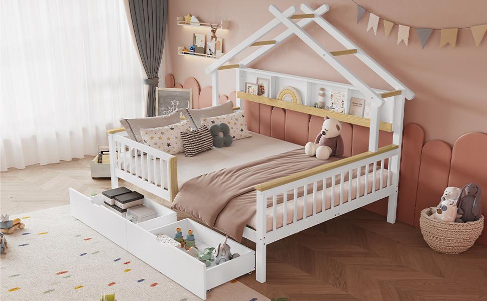 Çocuk Yatağı, Düşme Koruması ve Kenarlığı ile, Eşsiz Çatı Tasarımı, 2 m Depolama Rafı, Tekerlekli İki Çekmece, Çam+MDF, Beyaz+Doğal, 140x200cm