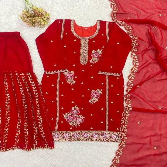Ravishing Ruby Red Georgette Sharara Suit with Elegant Floral Zari Work M
