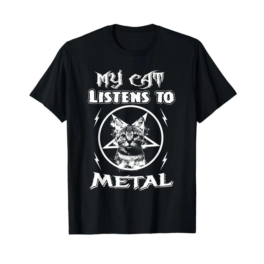 My Cat Listens To Metal Funny Cats Music T Shirt S Black Vintage Casual Stylish Fashion Streetwear Graphic Versatile