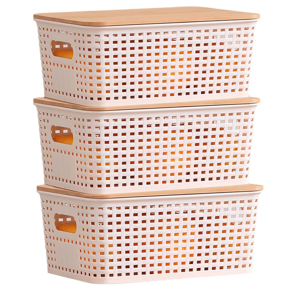 3Pcs Desktop Storage Box with Wood Lid Plastic Storage Containers Handle Storage Baskets for Shelves Drawers Closet Playroom