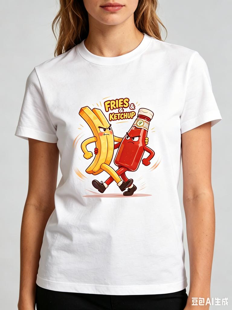 Unisexs Womens Funny Fries Ketchup TShirt Cartoon Graphic Casual Cotton Streetwear Tee