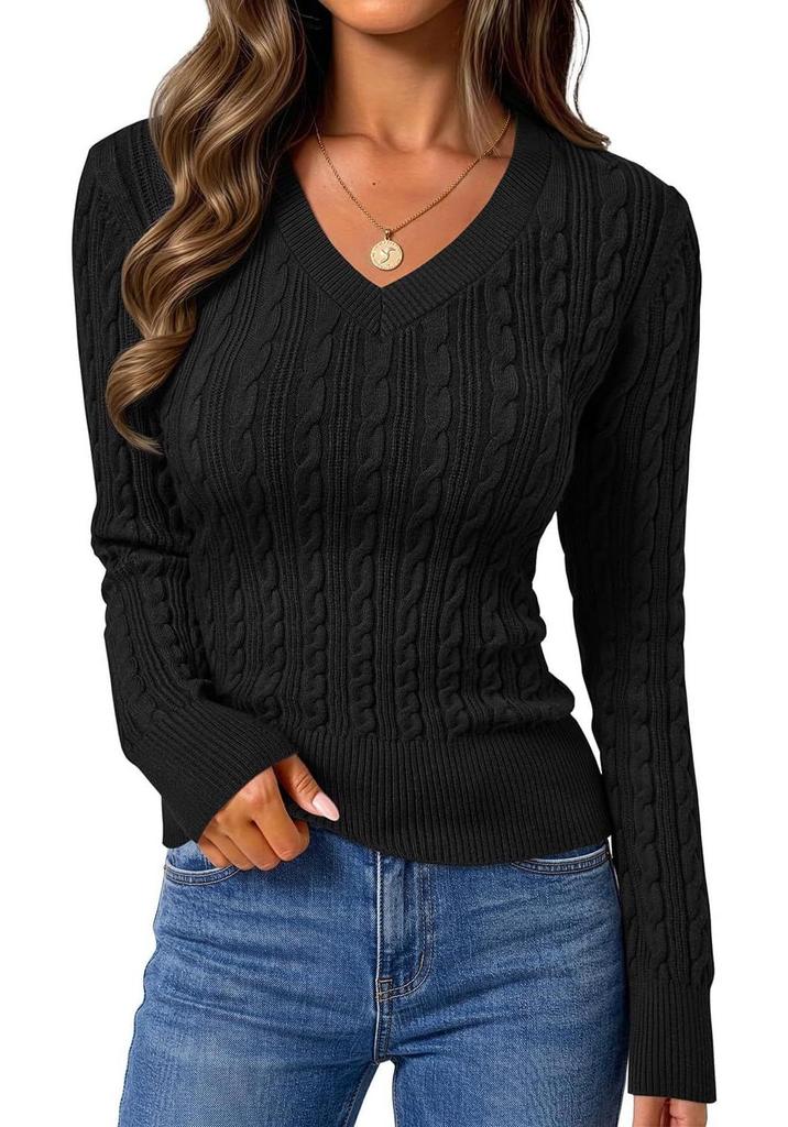 2026 Spring/Autumn Women's V-Neck Cable Knit Sweater - Loose European & American Street Style, Solid Color, Spicy Girl Knitwear