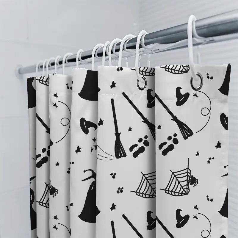Halloween-Themed Shower Curtain With Witch Hat Broomsticks, Perfect For Spooky Bathroom Decor! Easy Installation, Washable Fabri
