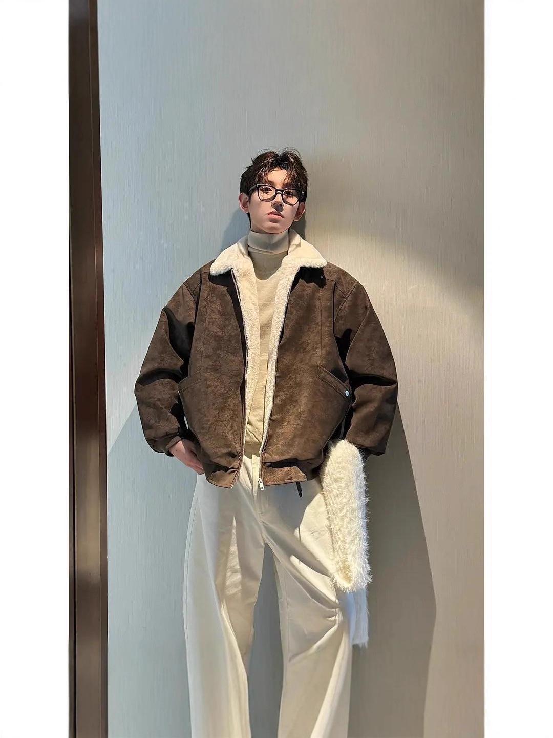 

Men s Winter Matte Lamb Wool PU Leather Jacket - Thickened, Not Bulky, High-End Style Large (up to 190 jin) чорний