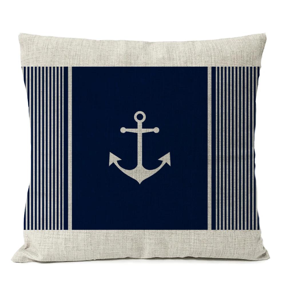 Home Decorative Navigation Blue Compass Anchor Pillow Cover Nautical Shell Fish Linen Pillow Case Mediterranean Cushion Cover