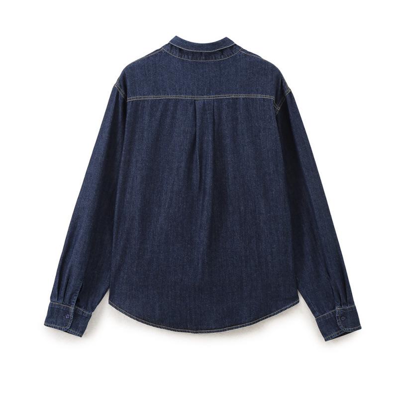 Europäischer Retro-Stil Fliege Knopf Langarm Denimhemd