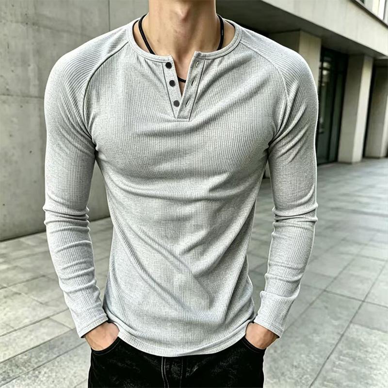 Men S Slim Fit Long Sleeve Henry Neck T Shirt Solid Color Casual Top