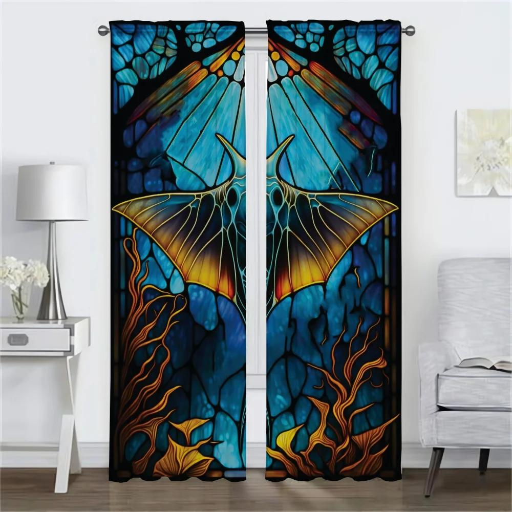 Modern Living Room Curtains for Camera Stained Glass Sealife Blackout Curtain Tulle for Bedroom Halloween Decoration Shades Home