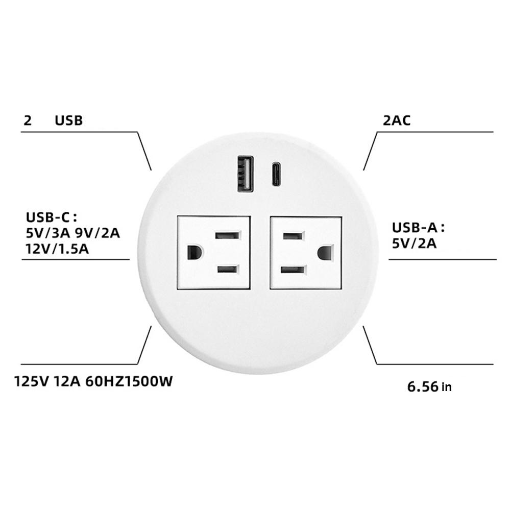 Desk Power Grommet Outlet 2M Extension Cord Table Outlets 2 USB/1 USB + PD 18W Type C Ports for Office PC Desk Cable Cord Cover