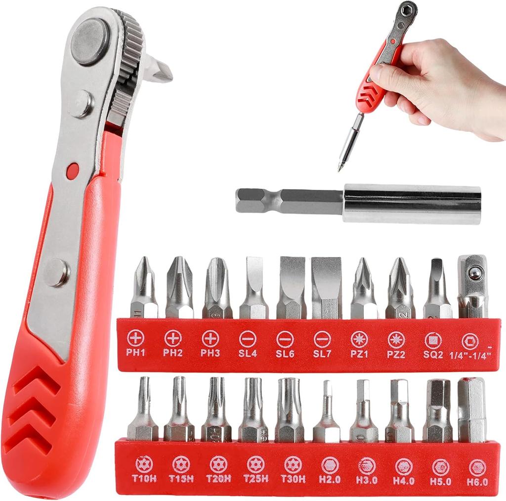 22 in 1 Mini Screwdriver Set 1/4 Right Angled Ratchet Screwdriver with Phillips Slotted Torx Magnetic Bits for Small Space