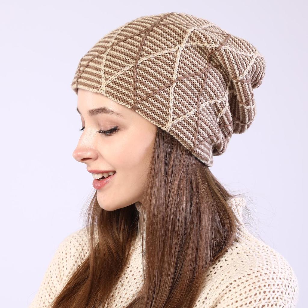 Autumn and Winter Warm Knitted Ear Protection Pile Up Hats Diamond Grid Mixed Color Pullover Caps Women's Fleece - Lined Hats