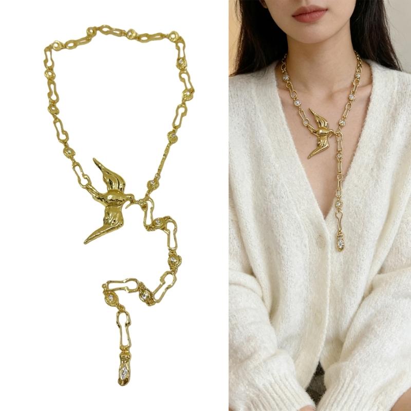 Elegant Gold Plated Peace Bird Charm Sweater Chain 80cm Length Retro Long Necklace Jewelry For Layering Outfits