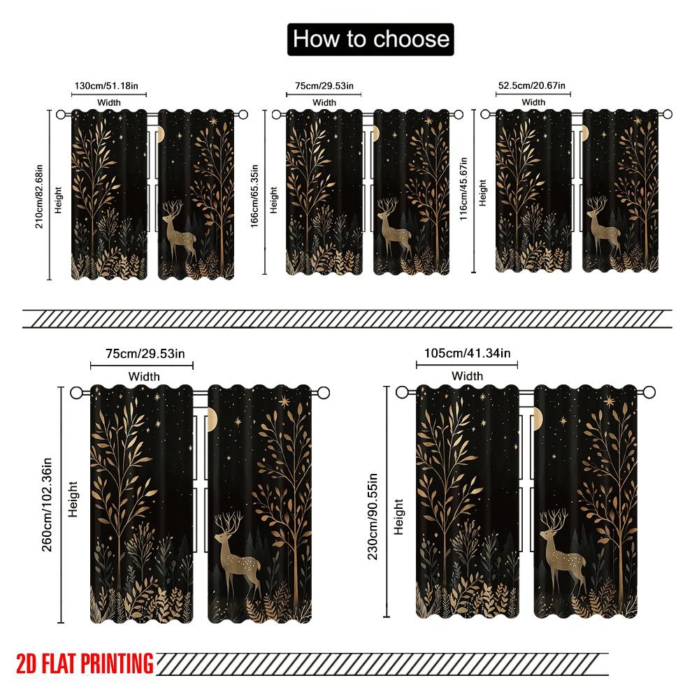 2pcs,2D Plane Printing Curtain Popular Deer Snow Forest Night Versatile 100% Polyester (without Rod) Decorations Inside Perfect