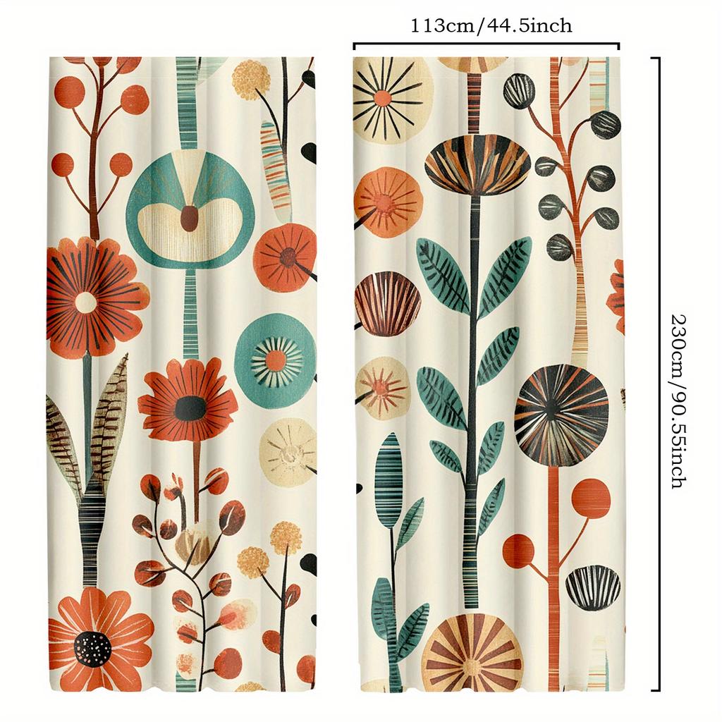 2Pcs Leafy Scandinavian Curtains - Geometric Round & Modern Boho Design, 100% Polyester Semi-Transparent Rod Pocket Curtains Wit