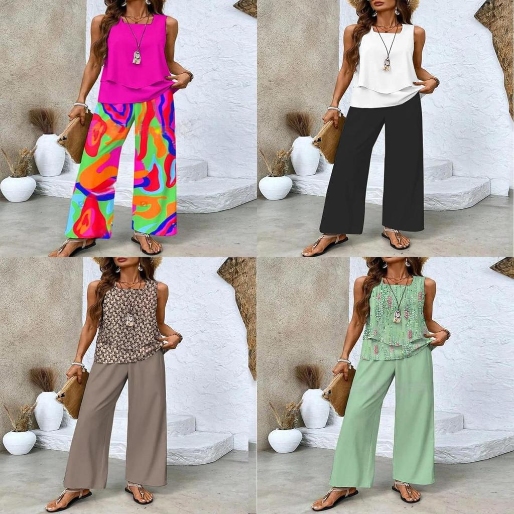 Womens Sleeveless Double Layer Pantsuit With 3d Print For Summer Casual Wear
