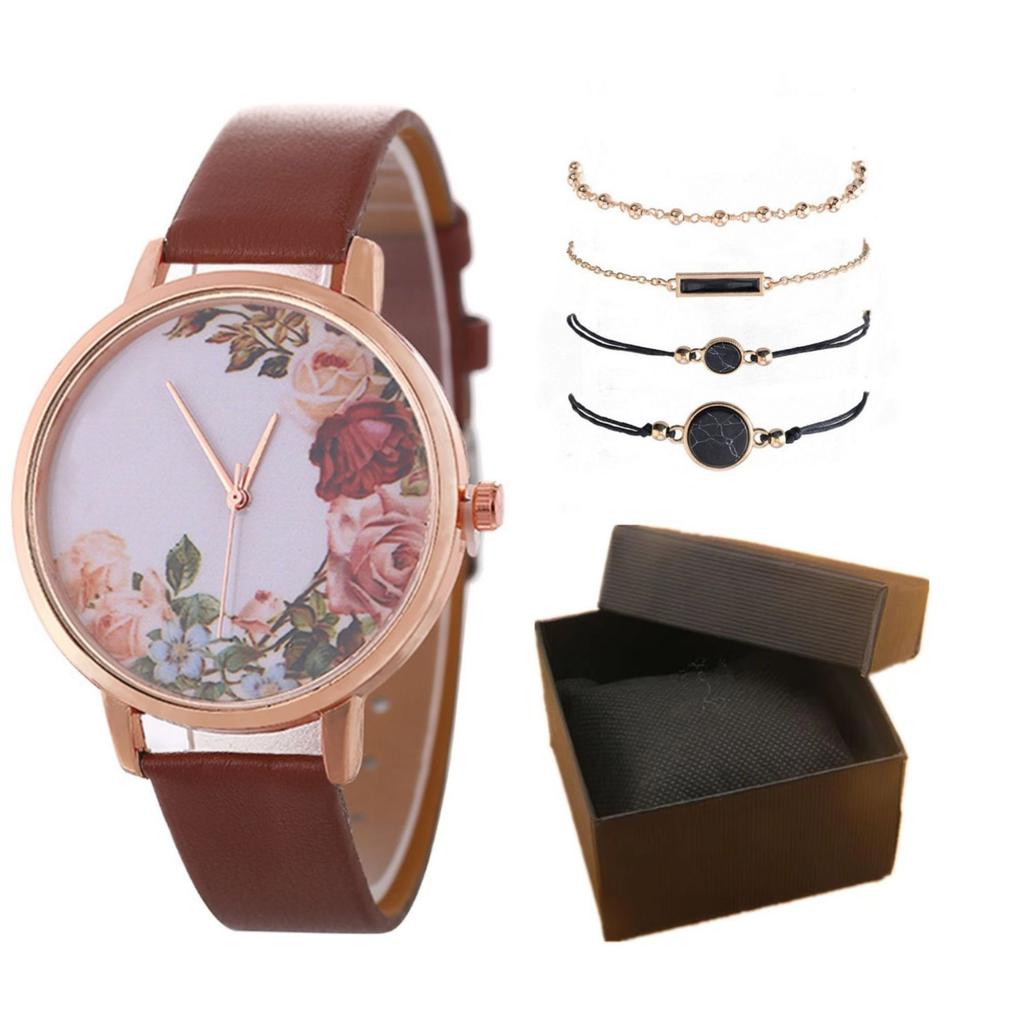 Stylish And Simple Rose Face Leather Belt Watch Female Pu Belt Quartz Lady Watch Watch Bracelet Set Female