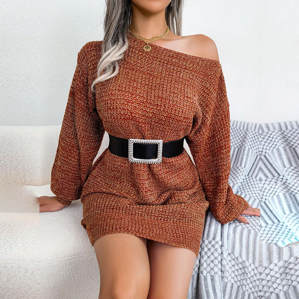 Frauen Herbst Winter Casual Eine Linie Hals Weg Von Der Schulter Bunte Laterne Hülse Gestrickte Pullover Kleid SL