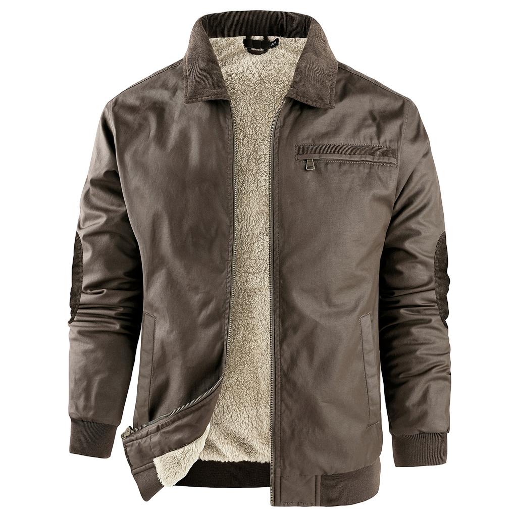 Men's Solid Color Zipper Pocket Work Jacket Men's Casual Trucker Fleece Jacket