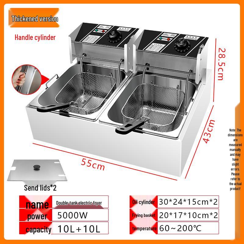 

Электрическая фритюрница из нержавеющей стали с двумя емкостями - Фритюрница с постоянной температурой для шашлычков, картофеля фри, уличной еды.