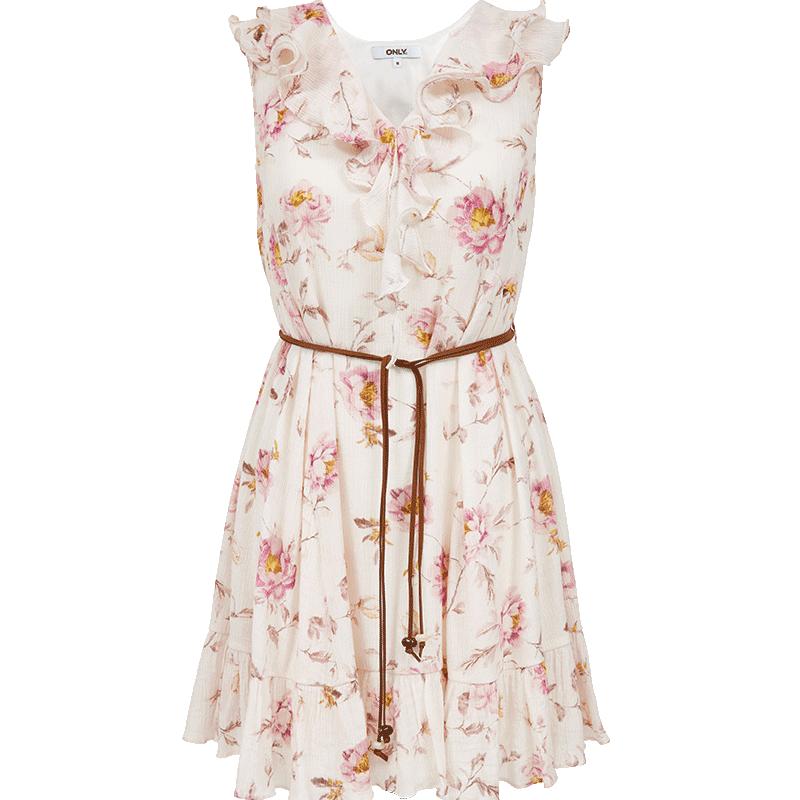 

ONLY Women s Floral Ruffle Sleeveless Waist-Cinching Mini Dress S