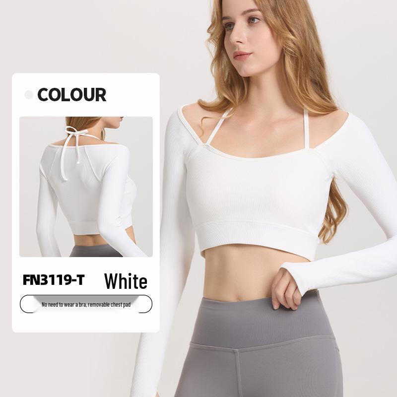 Women's Ribbed Halter Neck Yoga Top with Long Sleeves and Pads - High Elastic Cropped Fitness Top for Autumn/Winter