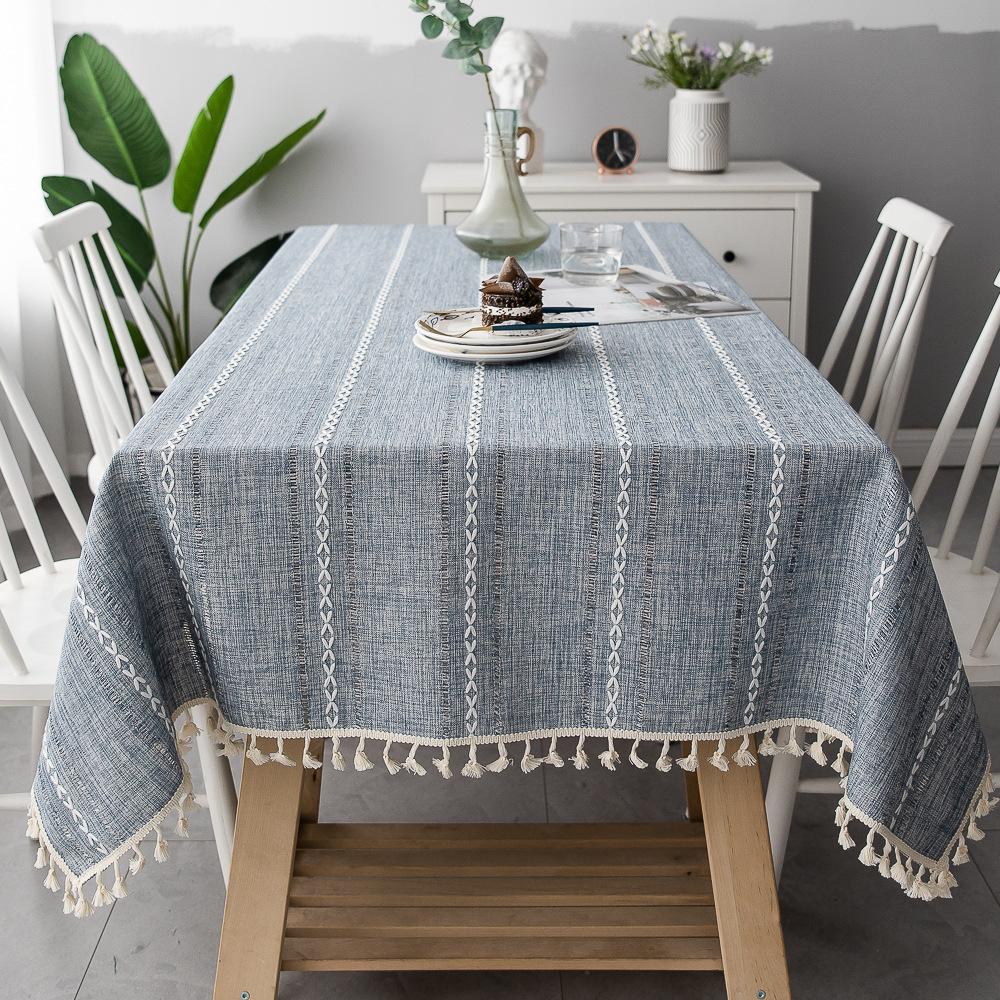 Nordic Christmas Tablecloth Striped Embroidery Flower Tablecloth Cotton Art Hotel Household Tea Table Cloth Pad