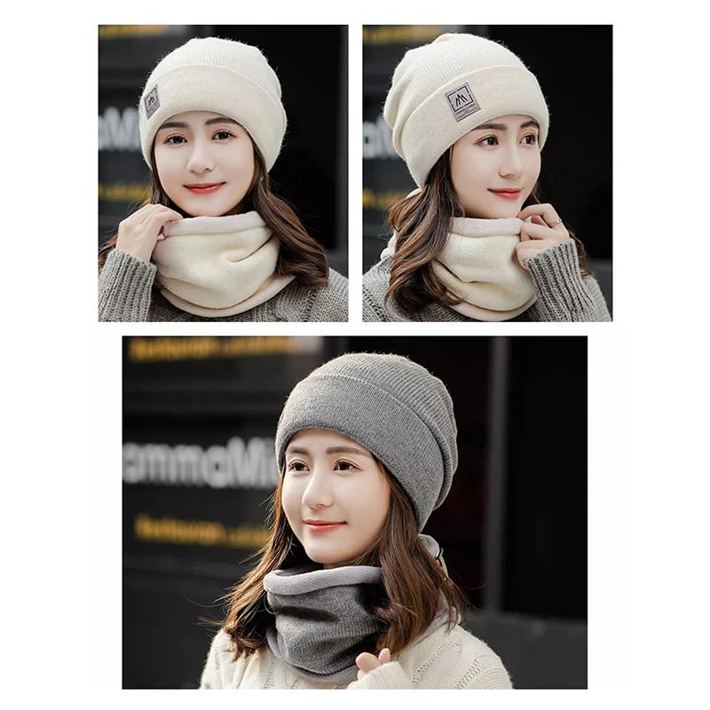 Women Knitted Beanie+Scarf Sets Thicken Velvet Lining Pullover Cap Unisex Winter Warm Plush Bonnet Neck Protection Scarves Hat