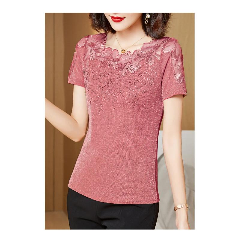 Női Póló Csipke Lyukacsos Hímzett Hálós Pólók Divatos Alkalmi Rövid Ujjú Strasszos Női Ing
