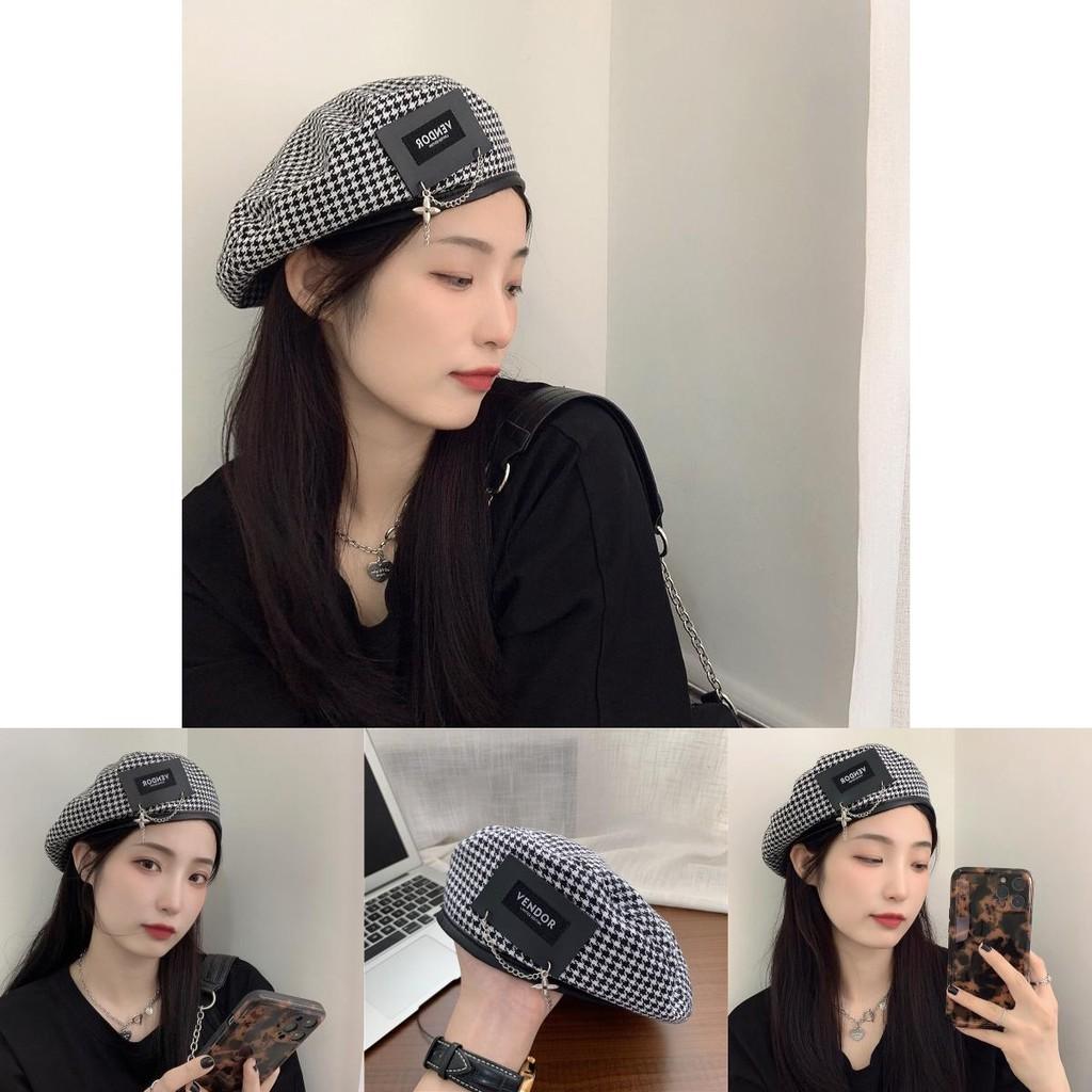Whimsical Stylish Metal Patch Houndstooth Beret Hat For Women Youth Medium