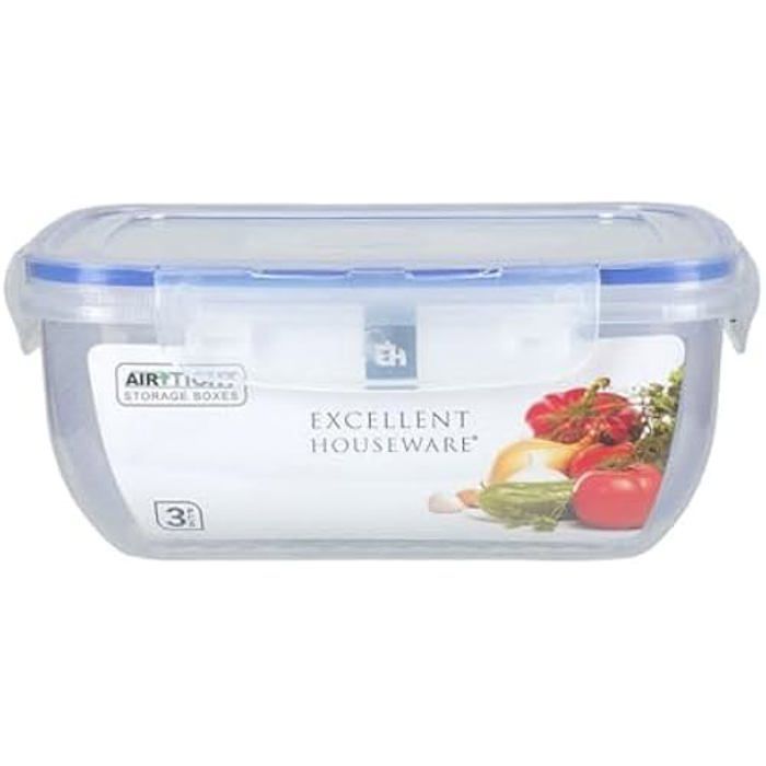 Excellent Houseware Lot de 3 boîtes de rangement rectangulaires avec couvercle à anneau en silicone, transparent/bleu