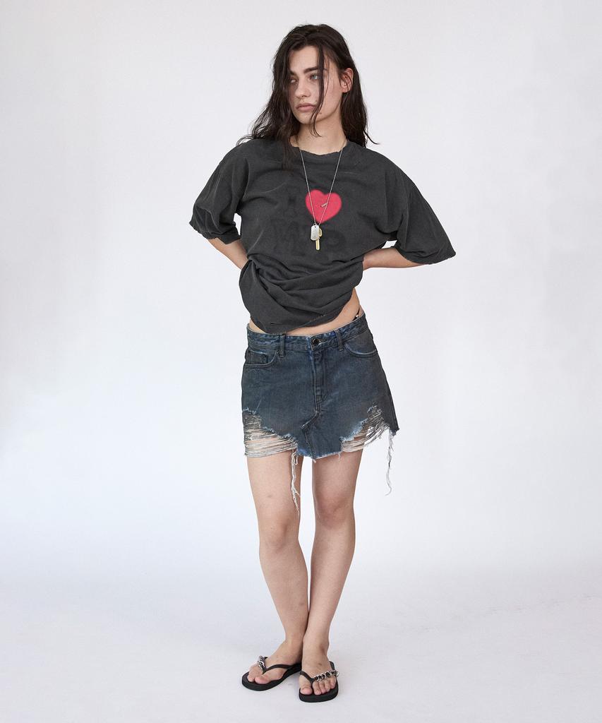 Holpeipeo Dirty Wash Damaged Denim Short Skirt (Black)
