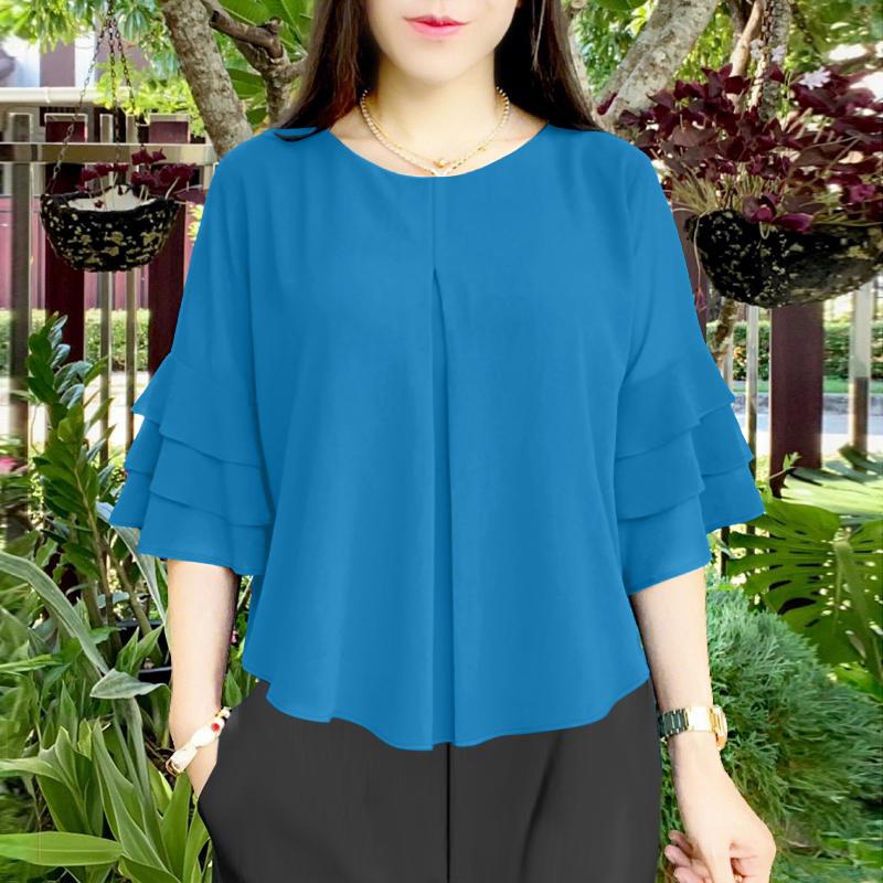 

ZANZEA Женская повседневная блузка с круглым вырезом, оборками и рукавами 3/4, свободного кроя 5XL синий