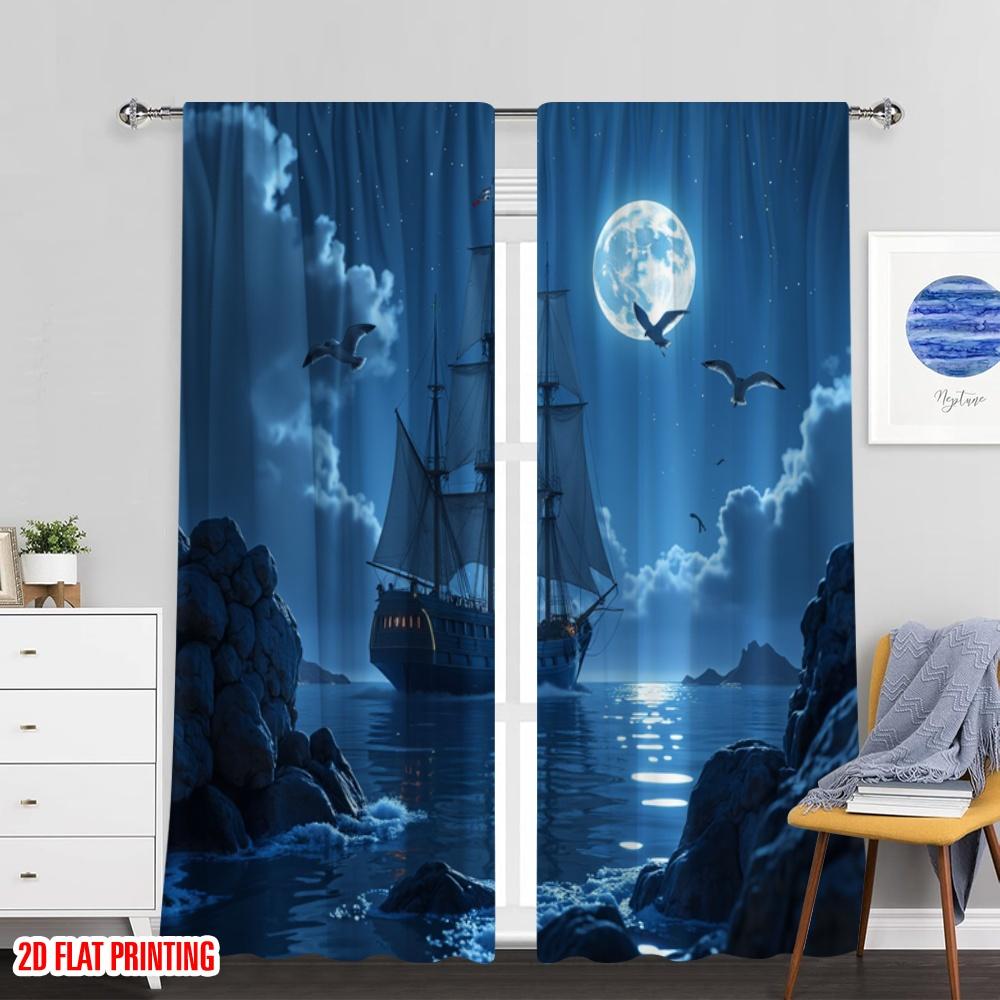 Flat Printing Window Curtains Moonlit Ship Polyester Without Electricity Family Party Decoration Suitable Home Curtain Set Of 2 Made Washable