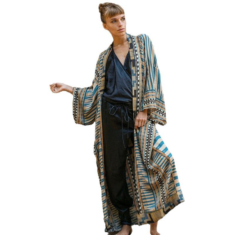 Viskose-Print Urlaubskimono-Cardigan: Long Beach Cover-Up mit Sonnenschutz